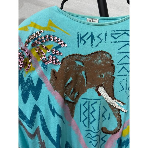 Vintage 80s Elephant Painted Embellished Animal Artsy Long Sleeve Top - Picture 4 of 10